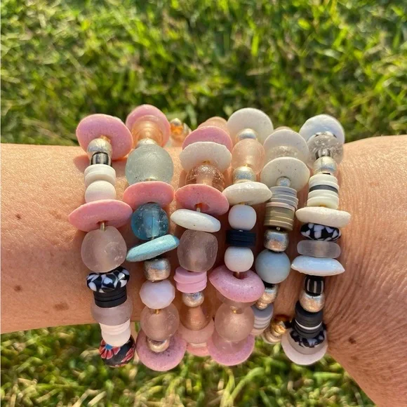 2 piece Handmade bracelet set /stack, in beachy blues. And pinks - Picture 2 of 14